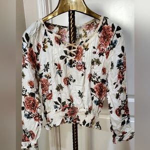 American Rag Cie Front Tie Up Floral Long Sleeve Blouse Shirt Ruffled Waist   S